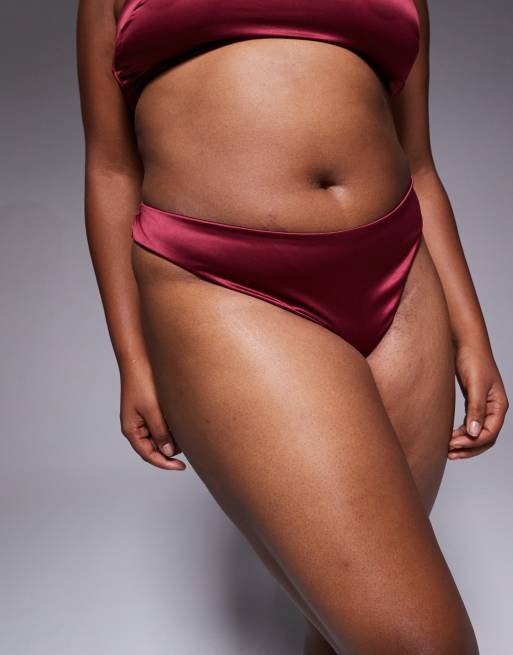 ASOS DESIGN Curve Brooke clean satin and mesh high leg thong in burgundy, 2 of 4