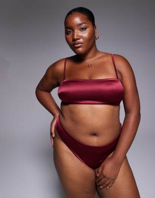 Asos Curve Asos Design Curve Brooke Clean Satin & Mesh Bandeau Bra In Burgundy