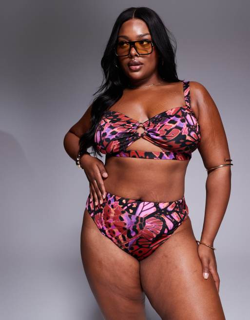 ASOS DESIGN Curve Brooke high leg high waist bikini bottoms in butterfly print, 3 of 4