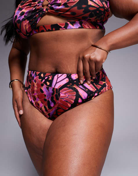 ASOS DESIGN Curve - Brooke - Slip bikini sgambati a vita alta con stampa di farfalle - view 1