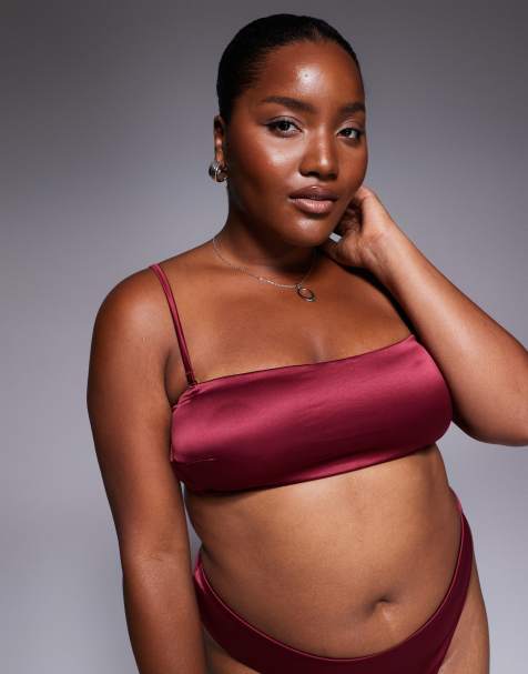 ASOS DESIGN Curve – Brooke – Vinröd, stilren bandeau-BH i satin och mesh - view 1