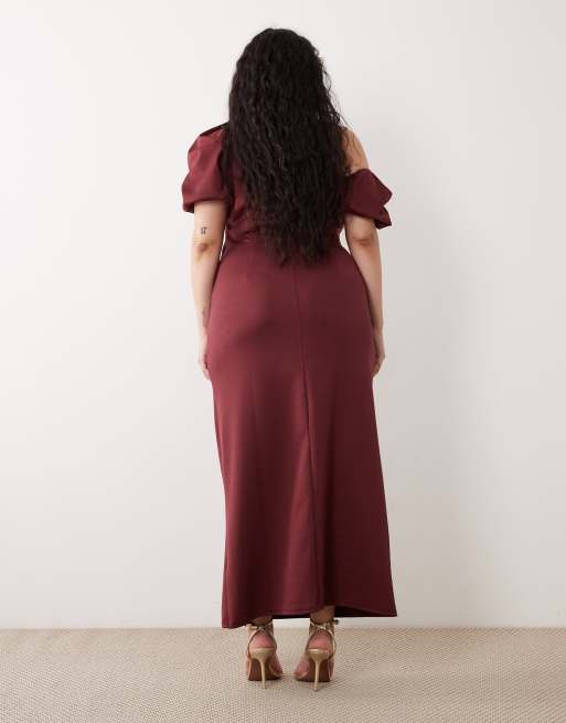 ASOS DESIGN Curve - Bærrød midikjole med pufærmer og sænkede skuldre samt kantdetaljer, 2 af 4