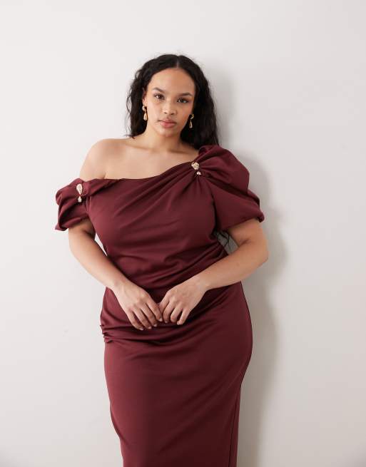 ASOS DESIGN Curve - Bærrød midikjole med pufærmer og sænkede skuldre samt kantdetaljer, 4 af 4