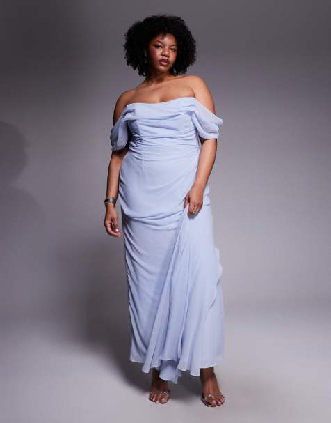 ASOS DESIGN Curve - Brudepiger - Georgette - Blå bardot-brudepigekjole - view 1