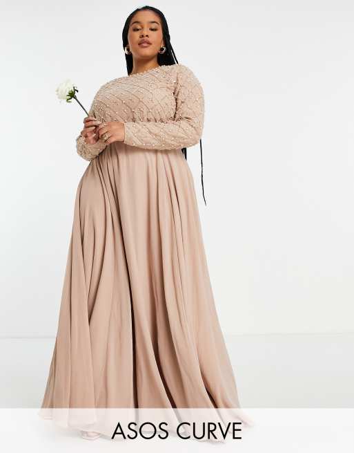 ASOS DESIGN Curve - Brudepiger - Langærmet maxikjole med perleudsmykninger og tylskørt