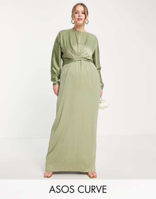 ASOS DESIGN Curve - Brudepiger - Maxikjole med flagermusærmer og slå-om-talje i salviegrøn satin