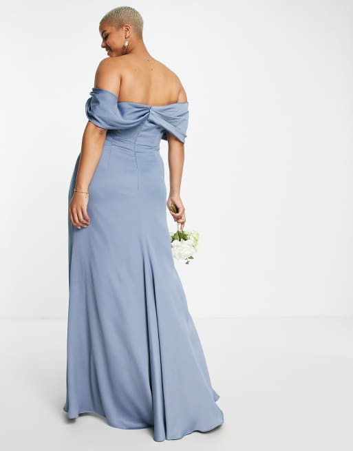 ASOS DESIGN Curve – Brudtärnor – Dimblå maxiklänning med bardotringning, drapering och omlottdesign av satin, 2 av 4