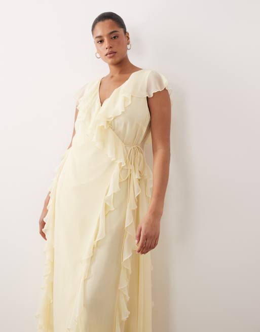ASOS DESIGN Curve – Brudtärnor – Ljusgul maxiklänning med omlottdesign framtill och volang, 2 av 4