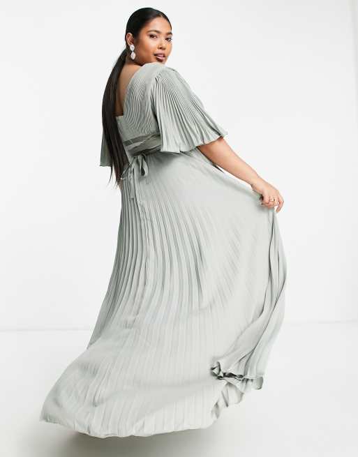 ASOS DESIGN Curve – Brudtärnor – Olivgrön, plisserad maxiklänning med utsvängda ärmar och omlottmidja av satin, 2 av 4