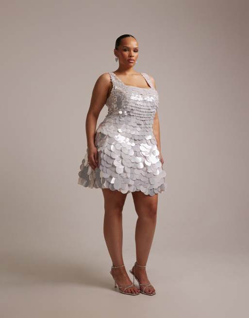 ASOS DESIGN Curve - Bruidskleding - Mini-jurk met vierkante hals en grote lovertjes, 2 van 5