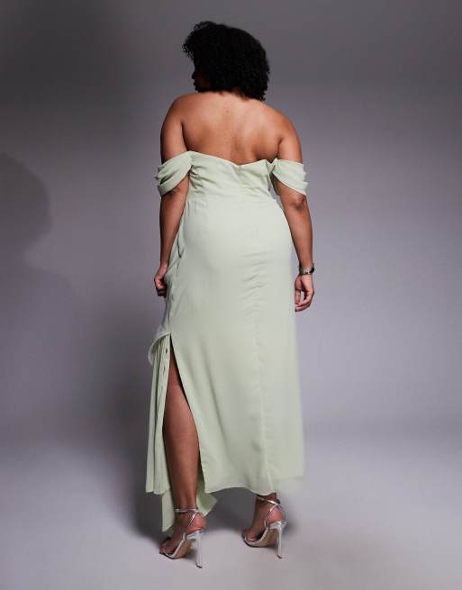 ASOS DESIGN Curve - Bruidsmeisjes - Bardotjurk van georgette in saliegroen, 2 van 4