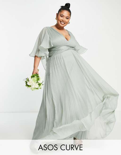 ASOS DESIGN Curve - Bruidsmeisjes - Gedrapeerde maxi-jurk met gerimpeld korset, overslag in de taille en fladdermouwen