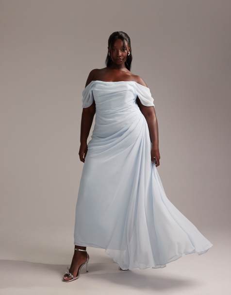 ASOS DESIGN Curve - Bruidsmeisjes - Gedrapeerde midaxi bardotjurk in lichtblauw - view 1