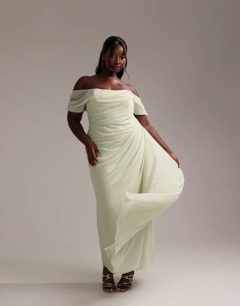 ASOS DESIGN Curve - Bruidsmeisjes - Gedrapeerde midaxi bardotjurk in lichtgroen - view 1