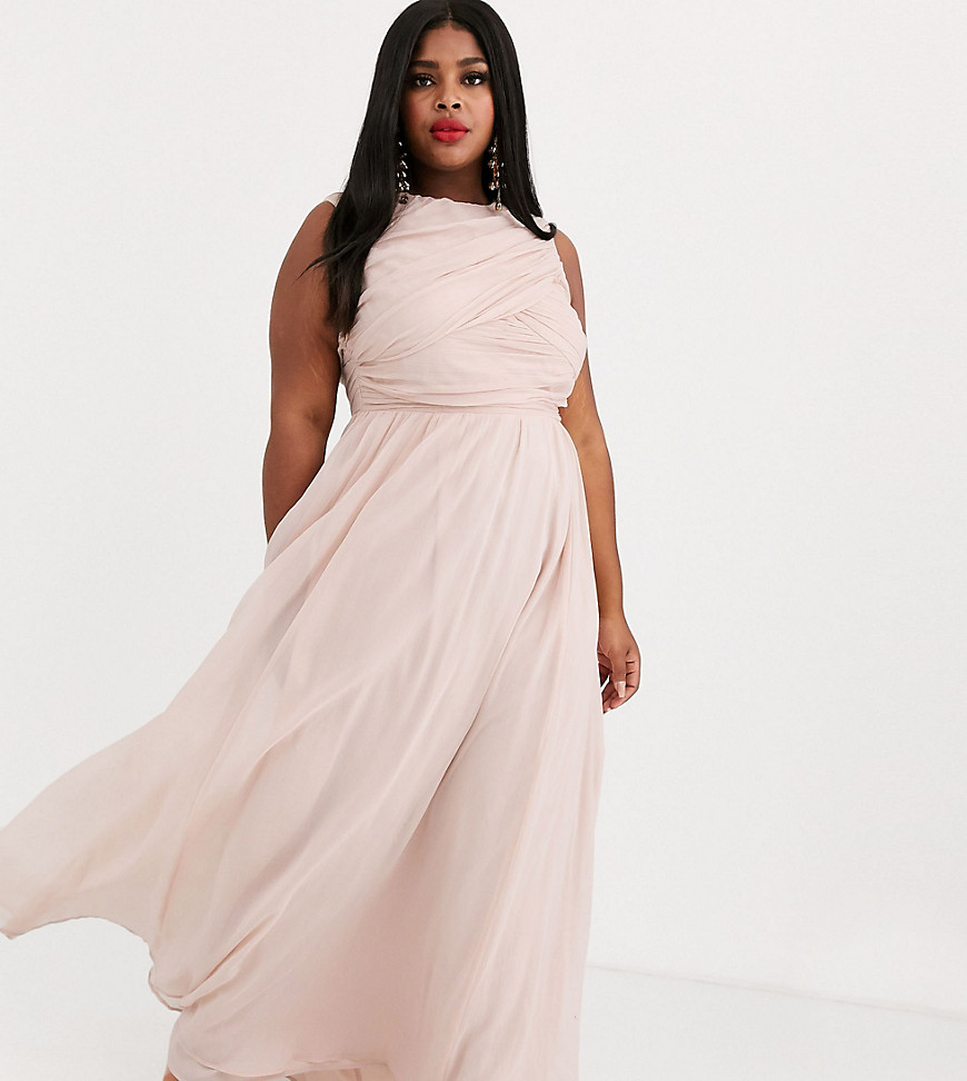 ASOS DESIGN Curve - Bruidsmeisjes lange jurk met licht geplooid lijfje-Roze