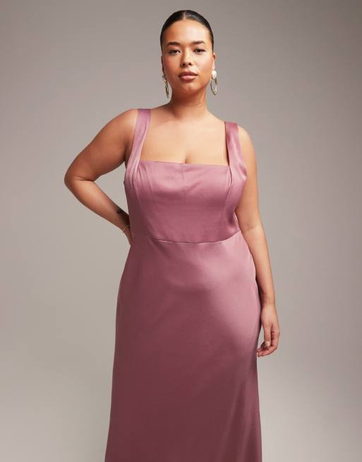 ASOS DESIGN Curve - Bruidsmeisjes - Satijnen maxi-jurk met vierkante hals in orchidee , 2 van 5