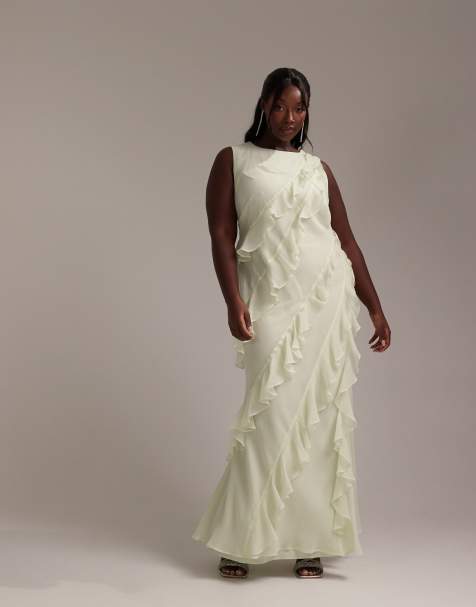 ASOS DESIGN Curve - Bruidsmeisjes - Schuingesneden maxi-jurk met racerhals en ruches in lichtgroen - view 1
