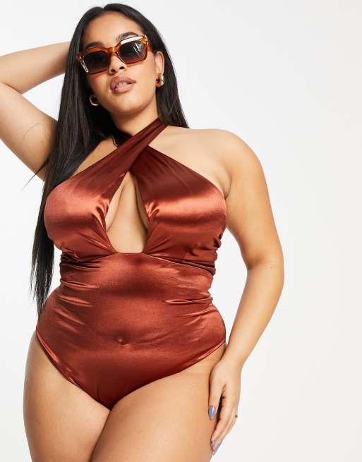 ASOS DESIGN Curve - Brun badedragt med krydshals, 2 af 4