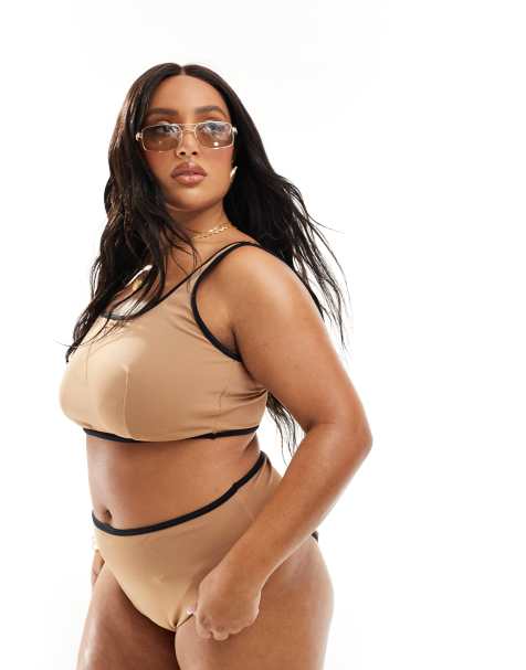 ASOS DESIGN Curve – Brun bikiniöverdel i crop top-design med kontrasterande kantband - view 1