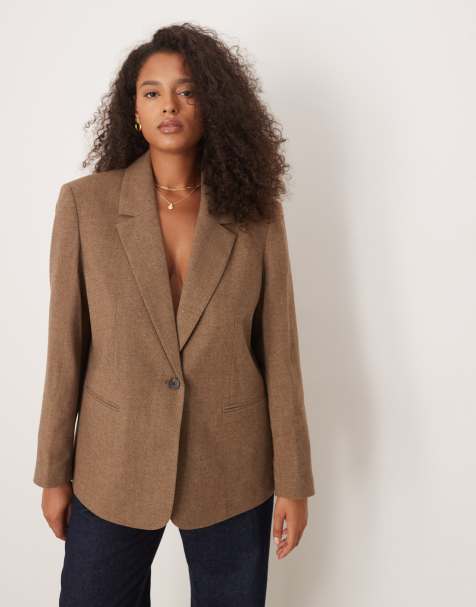 ASOS DESIGN Curve – Brun, fiskbensmönstrad kavaj i relaxed fit med textur - view 1