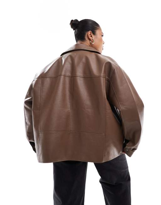 ASOS DESIGN Curve – Brun harrington-jacka i läderimitation med dragkedja framtill, 3 av 4