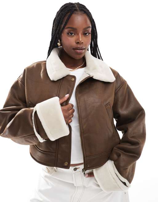 ASOS DESIGN Curve - Brun jakke med imiteret lammeskind og krave