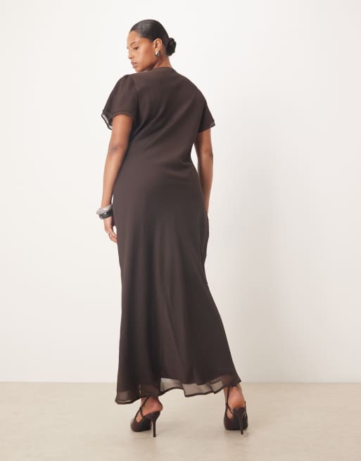 ASOS DESIGN Curve – Brun midiklänning med knytning framtill och spetskant, 4 av 4
