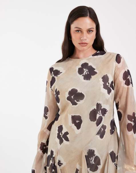 ASOS DESIGN Curve - Brun minikjole med lange ærmer og blomstermønster - view 1
