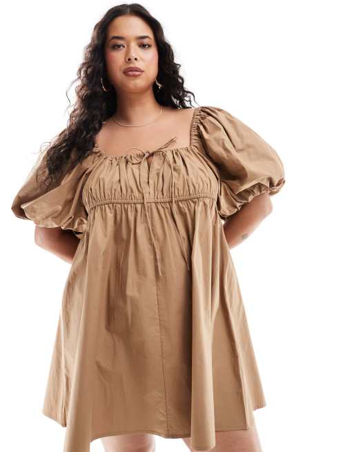 ASOS DESIGN Curve – Brun miniklänning med puffärmar