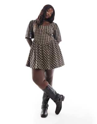 ASOS DESIGN Curve – Brun och svart, ginghamrutig miniklänning med smock och korsettmidja - view 1