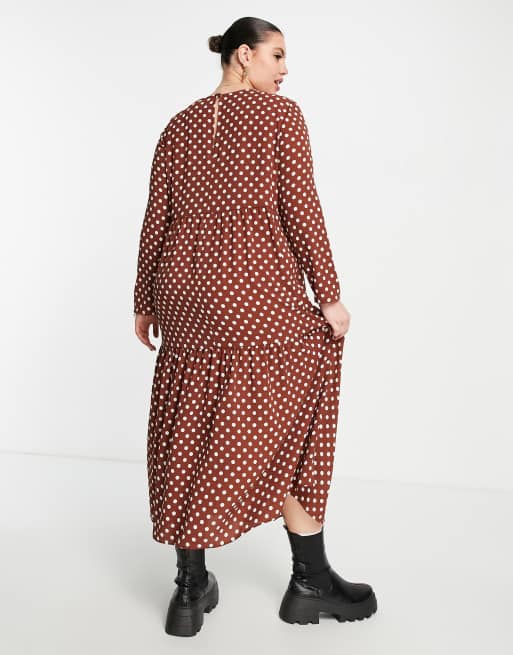 ASOS DESIGN Curve - Brun prikket langærmet lagdelt smock-midikjole, 3 af 4