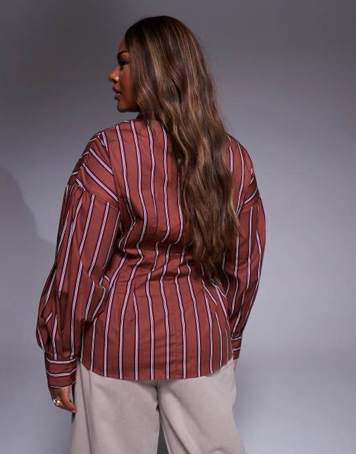 ASOS DESIGN Curve – Brun, randig skjorta med indragen detalj, 4 av 4