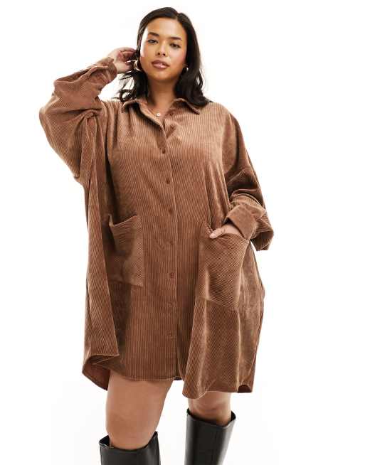 ASOS DESIGN Curve – Brun skjortklänning av manchester i oversize med fickor, 2 av 4