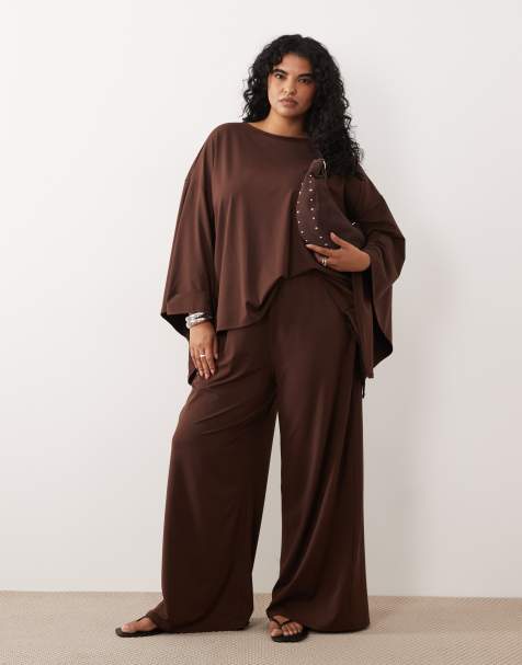 ASOS DESIGN Curve - Brune bukser med brede ben - Del af sæt - view 1