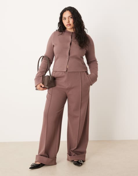 ASOS DESIGN Curve - Brune joggingbukser med interlock og ombukket kant - view 1
