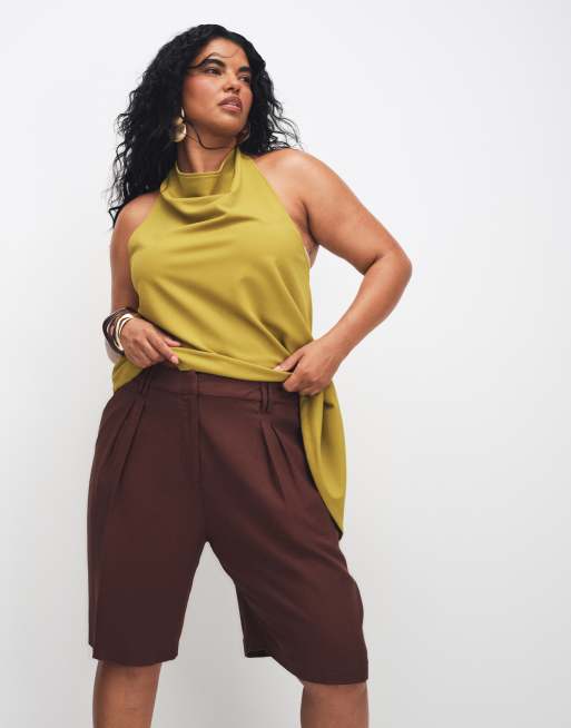 ASOS DESIGN Curve - Brune skræddersyede bermudashorts i hørblanding, 3 af 7