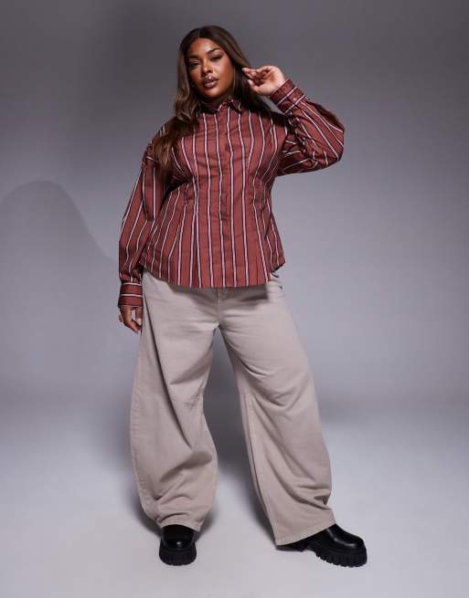 ASOS DESIGN Curve - Brunstribet skjorte med indsyningsdetalje, 3 af 4