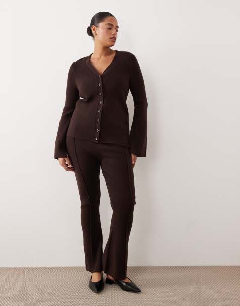 ASOS DESIGN Curve – Brunt, ribbat set med kofta med v-ringning och vida byxor - view 1