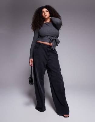 Asos Curve Asos Design Curve Brushed Asymmetric Neck Long Sleeve Top With Tie Waist Detail In Gray