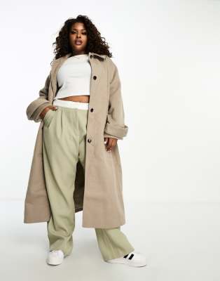 Asos Curve Asos Design Curve Brushed Boyfriend Wool Mix Coat In Mushroom-brown