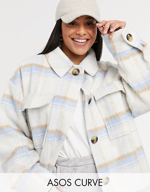 Women Curve brushed check jacket in baby blue 