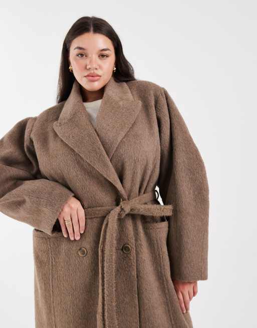 ASOS DESIGN Curve brushed coat with dome sleeve and skinny belt in mushroom, 2 of 4