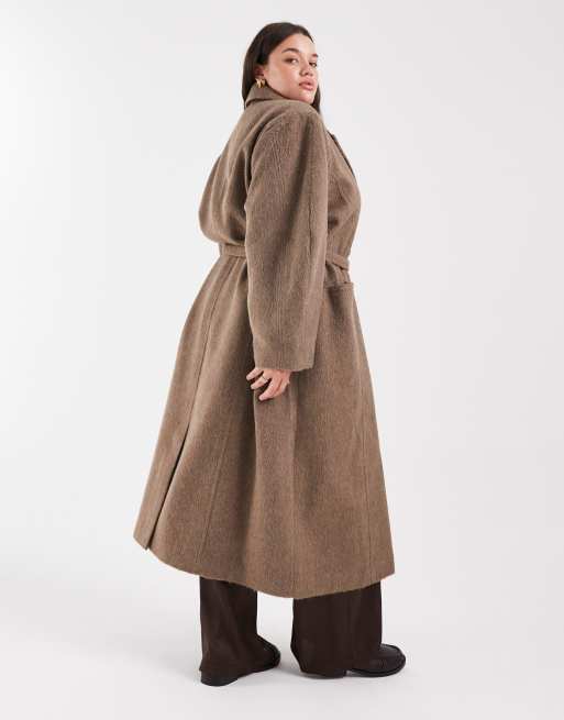 ASOS DESIGN Curve brushed coat with dome sleeve and skinny belt in mushroom, 3 of 4