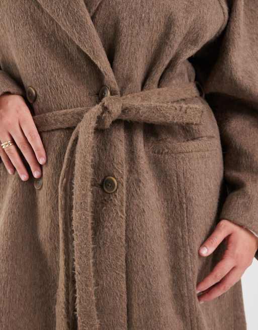 ASOS DESIGN Curve brushed coat with dome sleeves and skinny belt in mushroom
