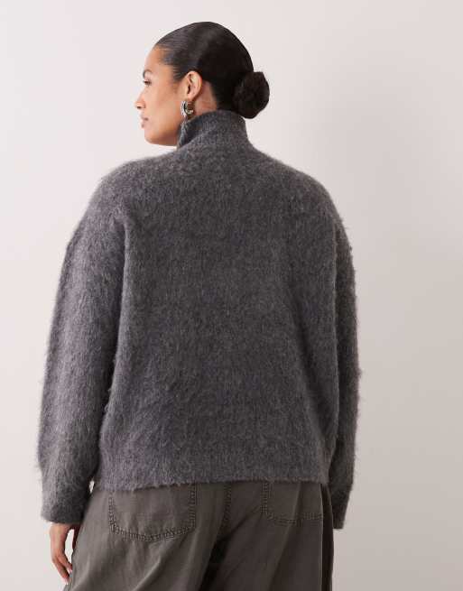 ASOS DESIGN Curve brushed floral funnel neck jumper in grey, 4 of 4