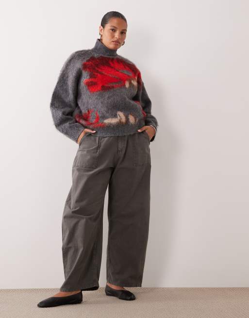 ASOS DESIGN Curve brushed floral funnel neck sweater in gray, 3 of 4