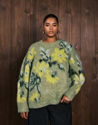 Asos Curve Asos Design Curve Brushed Floral Placement Sweater In Green