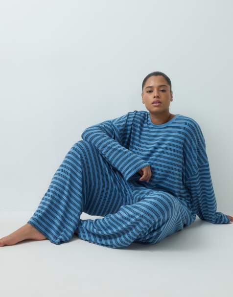 ASOS DESIGN Curve brushed long sleeve loungewear set in blue stripe - view 1