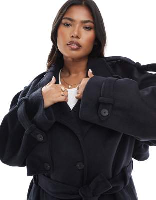 Asos Curve Asos Design Curve Brushed Longline Funnel Neck Trench Coat In Black