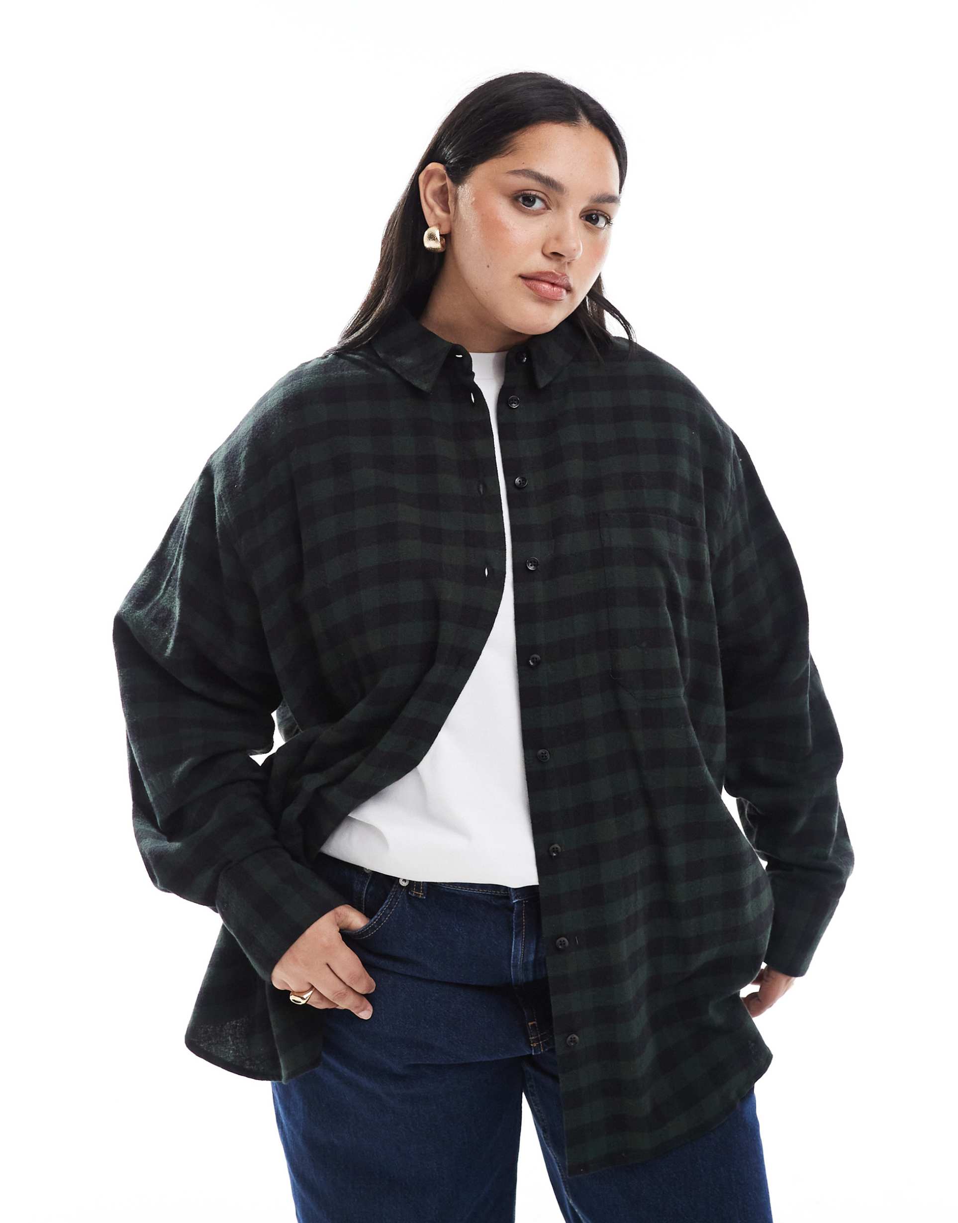 asos design curve brushed oversized shirt in green checks